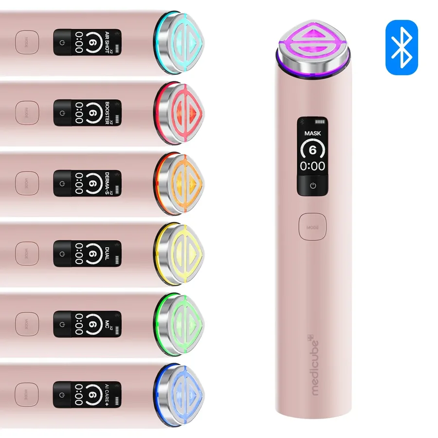 Pink facial device lineup: six heads lit in different colors and a main unit showing Mask mode
