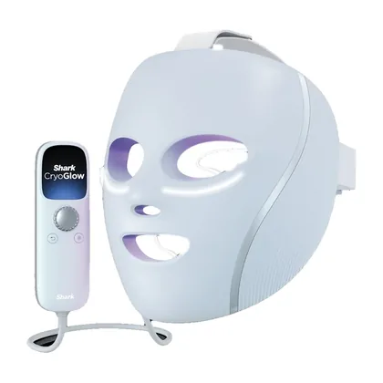 Blue Frost LED mask beside its handheld remote with a display, on a white background