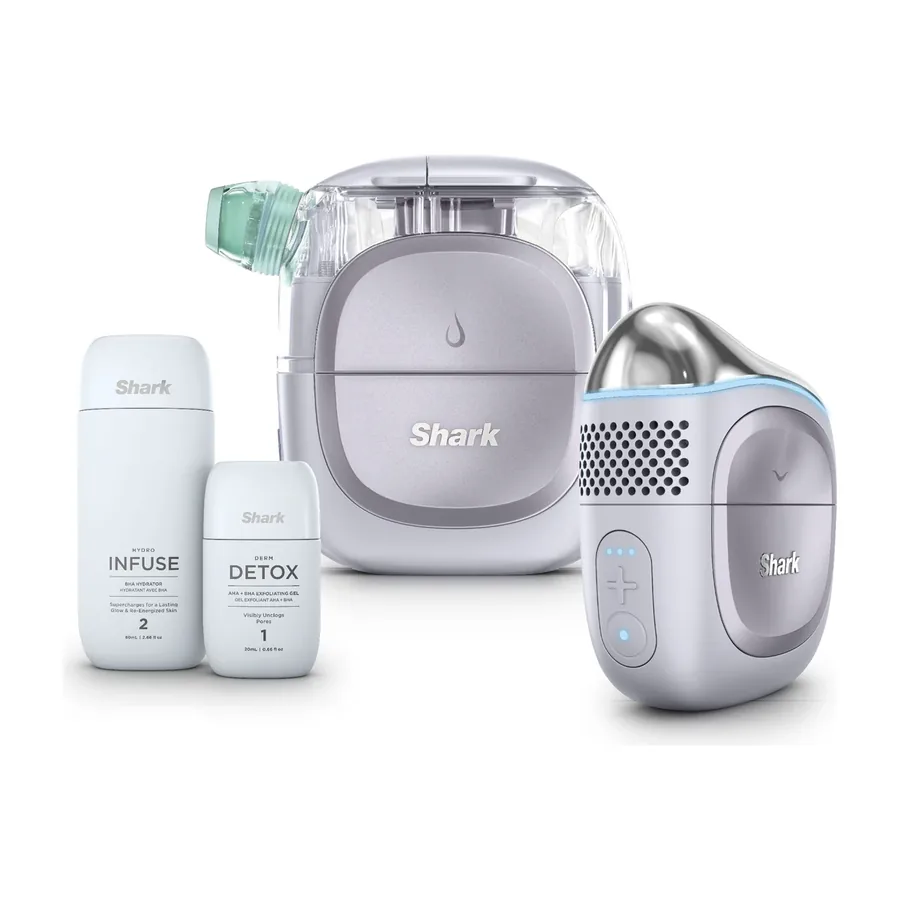 Lilac facial system with handheld wand and two skincare bottles