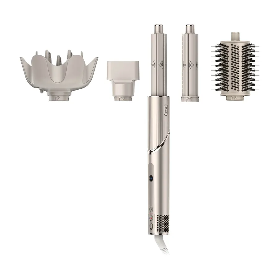 Stone air styler with a curler attached, a second curler, diffuser, concentrator and oval brush on white