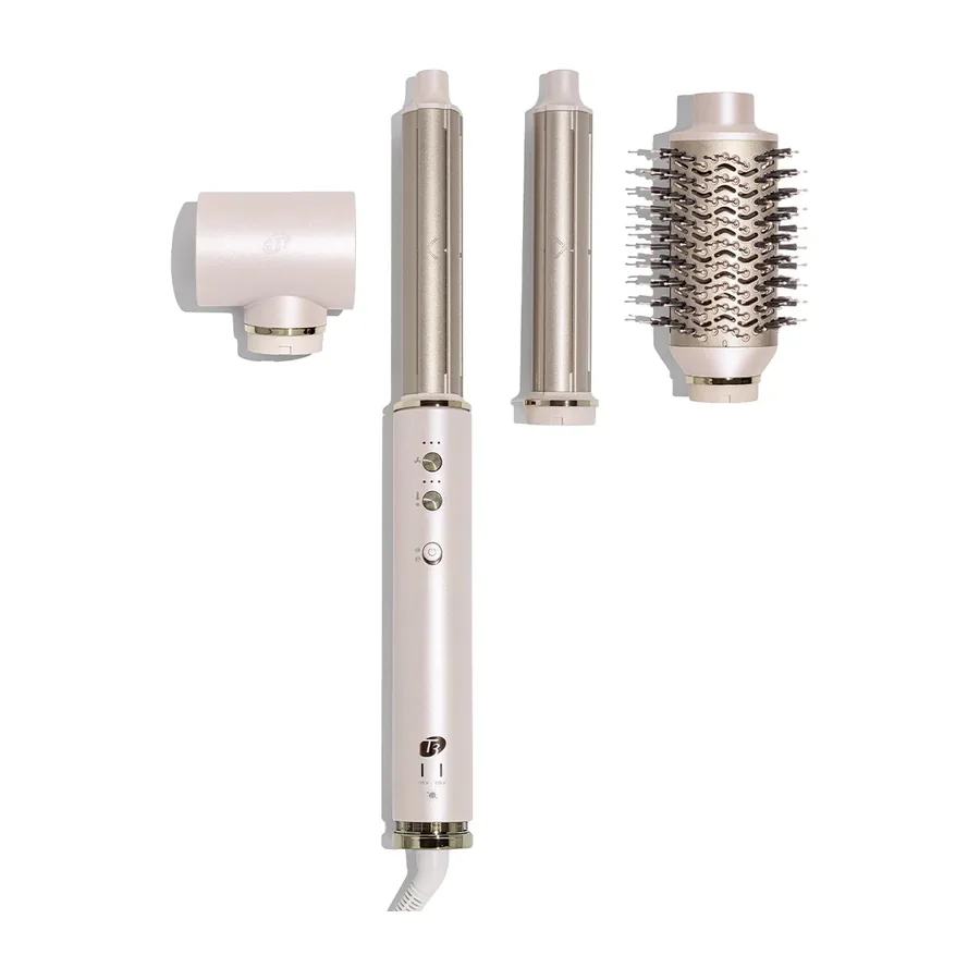 Satin Blush air styler base with two ceramic curling barrels, an oval brush and a drying concentrator