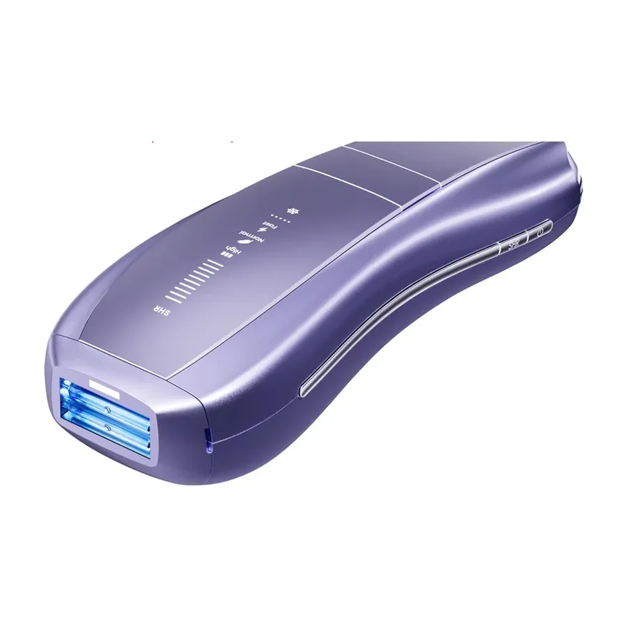 Lavender IPL device angled to show its lit blue flash window and the mode panel on top