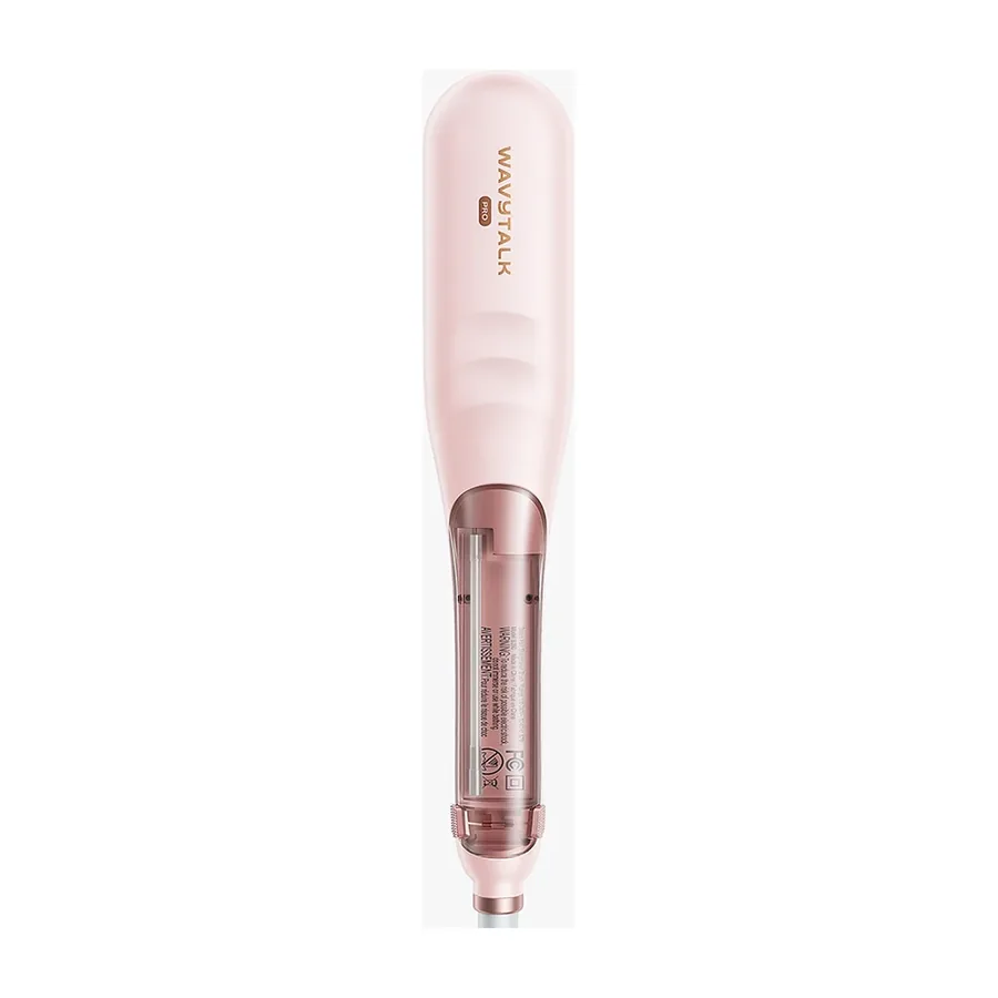 Pink steam brush seen from the back, showing its clear water chamber