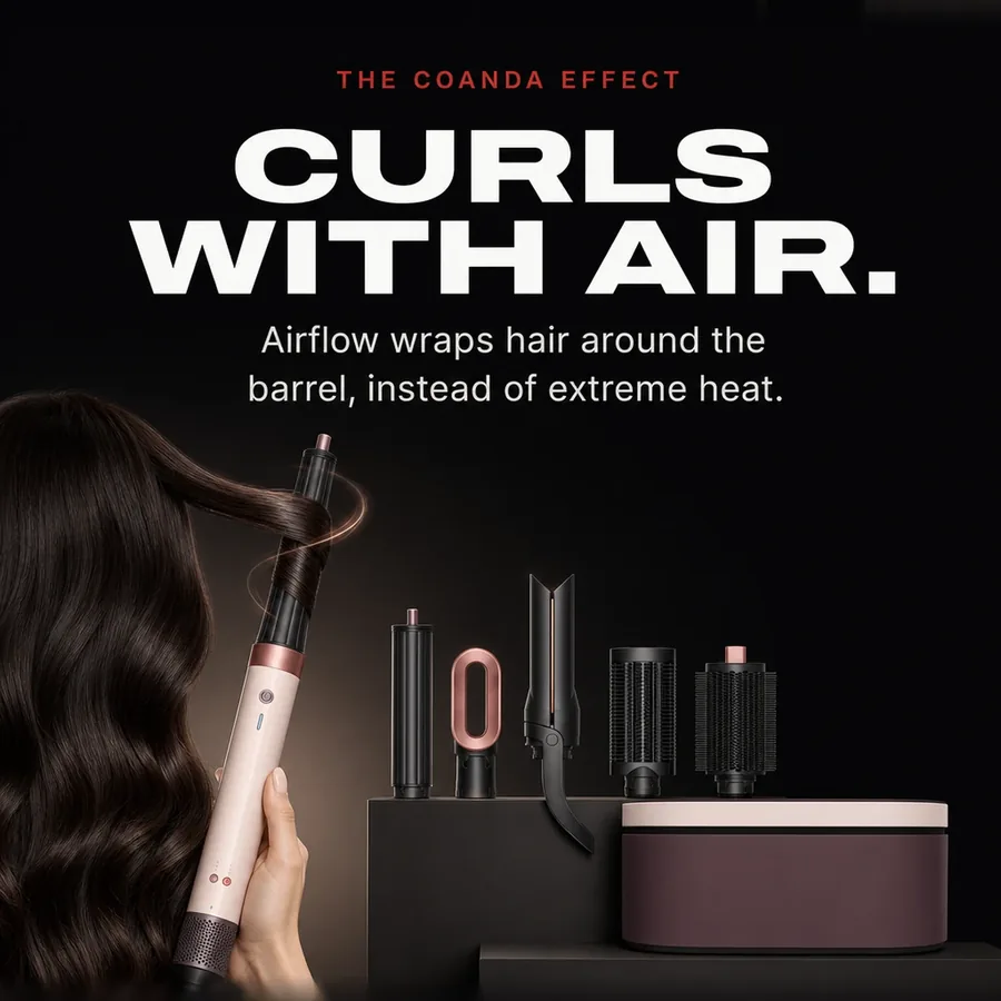 The Coanda effect: airflow wraps hair around the barrel, instead of extreme heat.