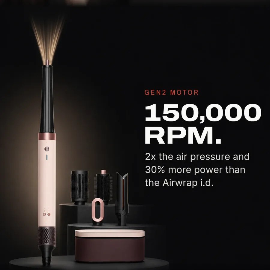 Gen2 motor: up to 150,000 rpm, with 2x the air pressure and 30% more power than the Airwrap i.d.