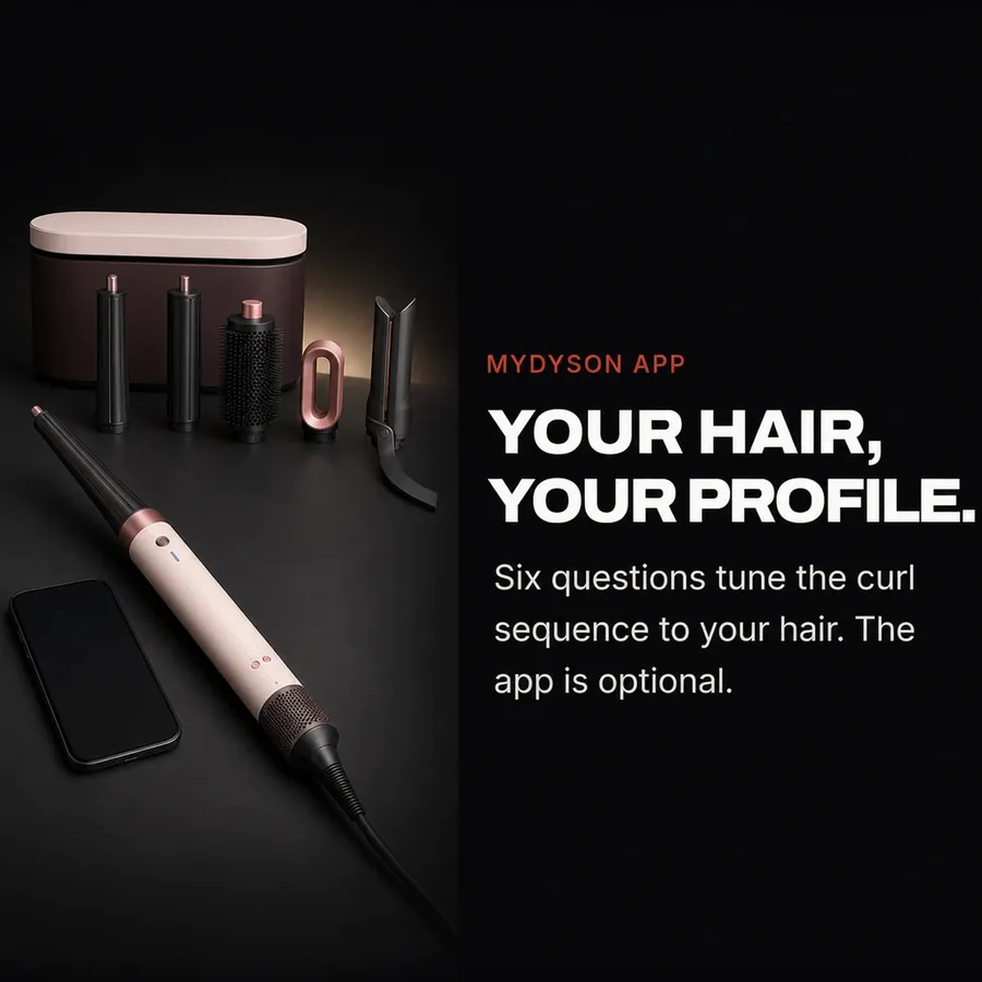 MyDyson app: six questions tune the curl sequence to your hair. The app is optional.