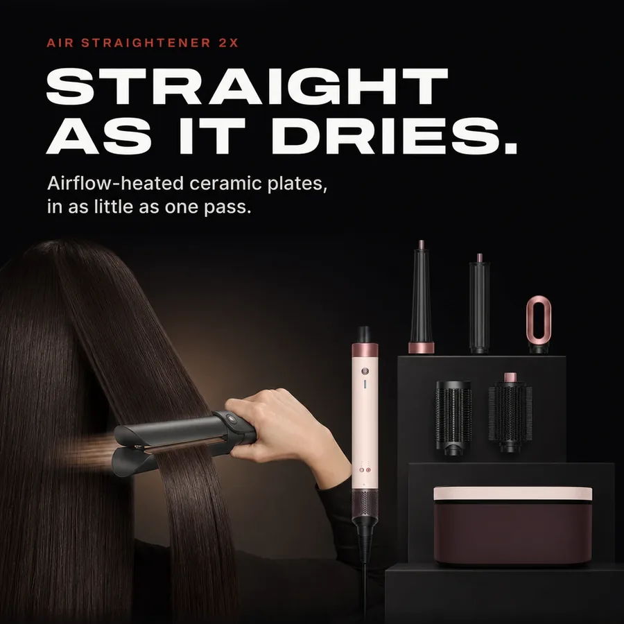 Air straightener 2x: airflow-heated ceramic plates straighten as hair dries, in as little as one pass.