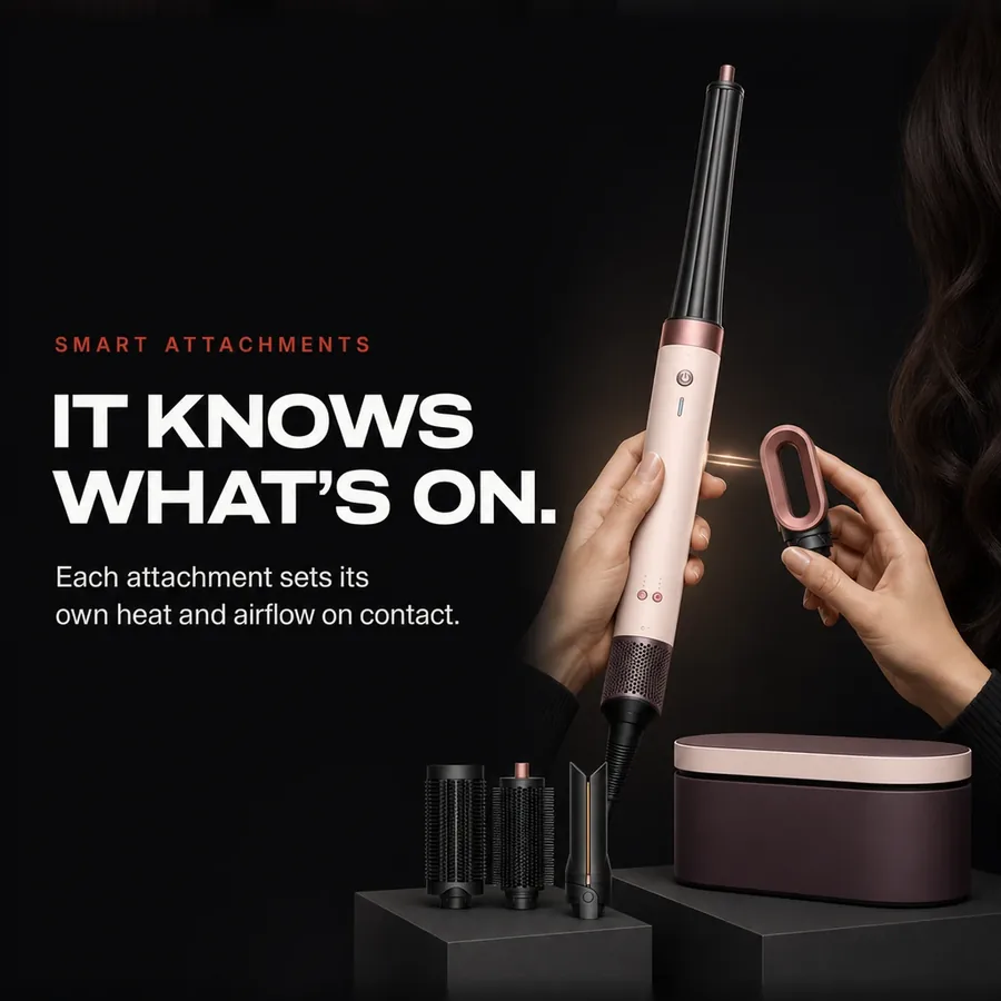 Smart attachments: each one sets its own heat and airflow on contact, and remembers your settings.