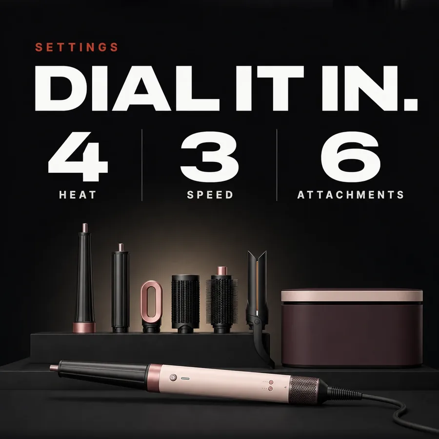 Settings: 4 heat settings, 3 speed settings and 6 attachments, plus a cold shot.