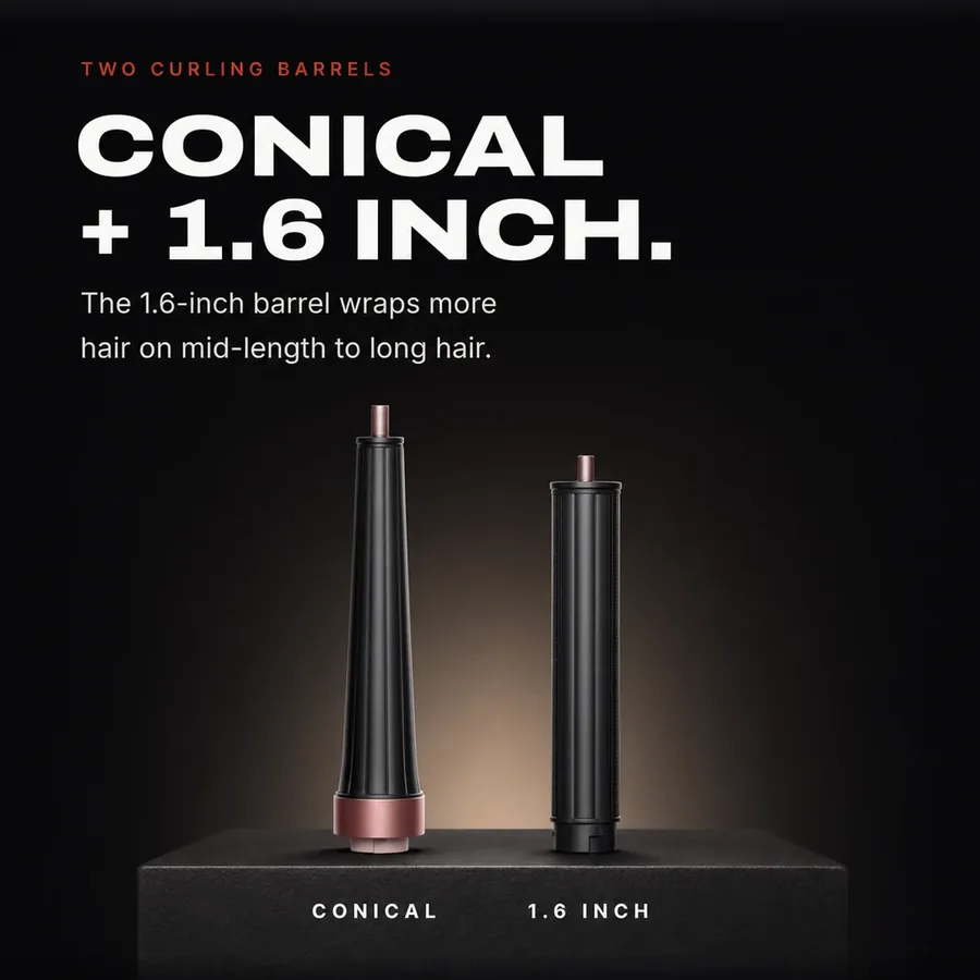 Two curling barrels: conical and 1.6 inch; the 1.6 inch wraps more hair for mid-length to long hair.
