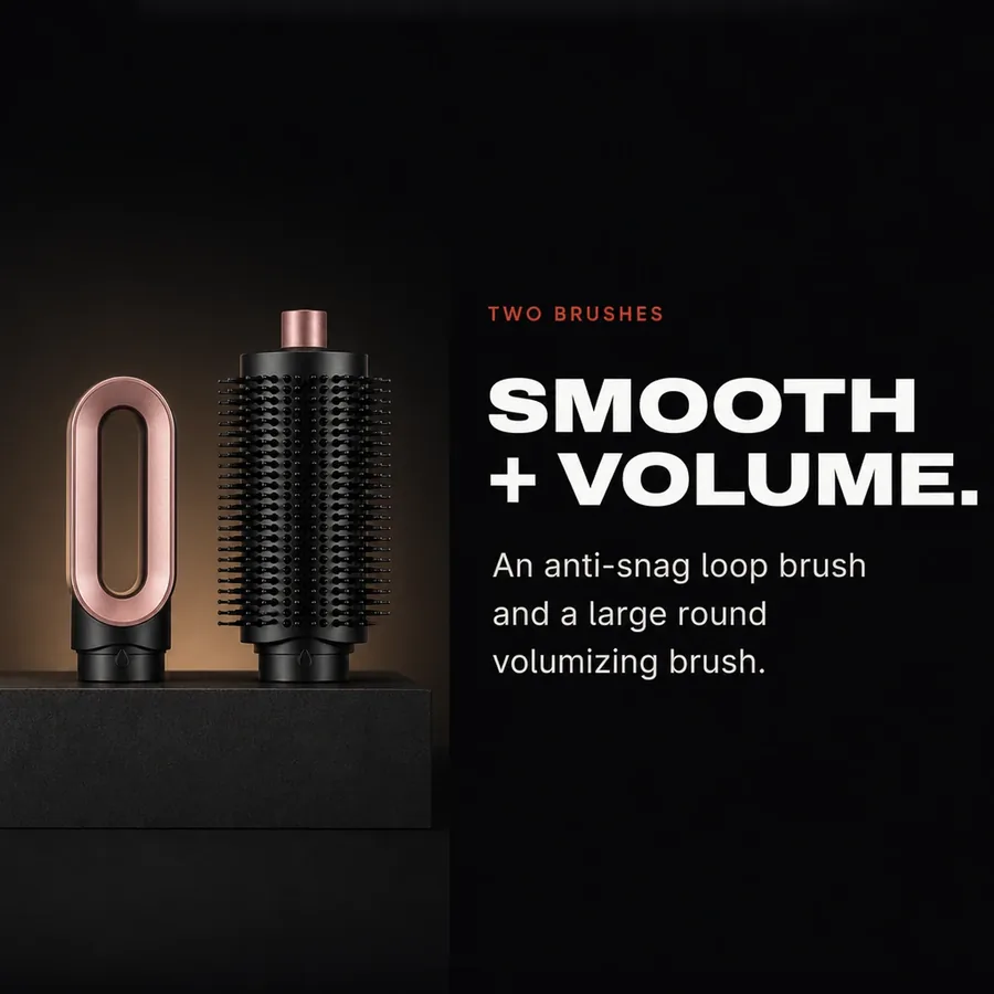 Two brushes: an anti-snag loop brush to smooth and a large round volumizing brush for volume.