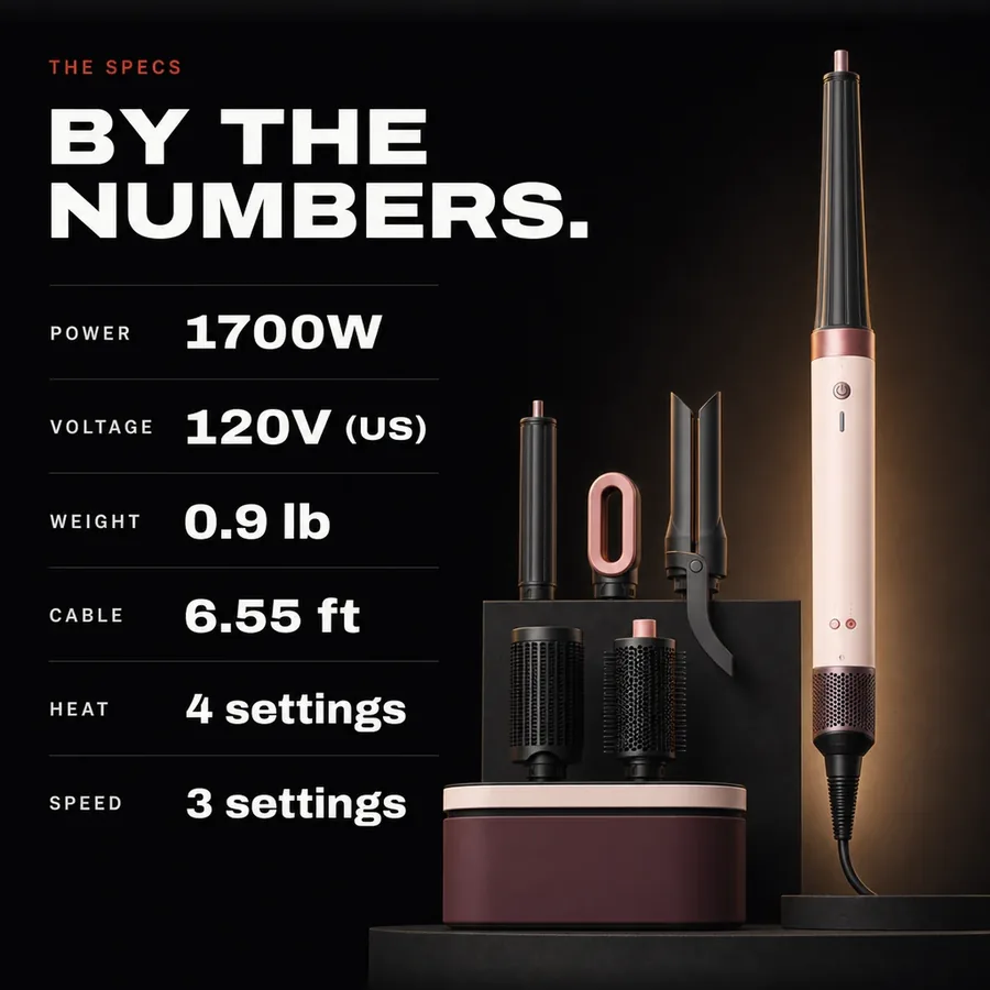 The specs: 1700W, US 120V, 0.9 lb, 6.55 ft cable, 4 heat and 3 speed settings.