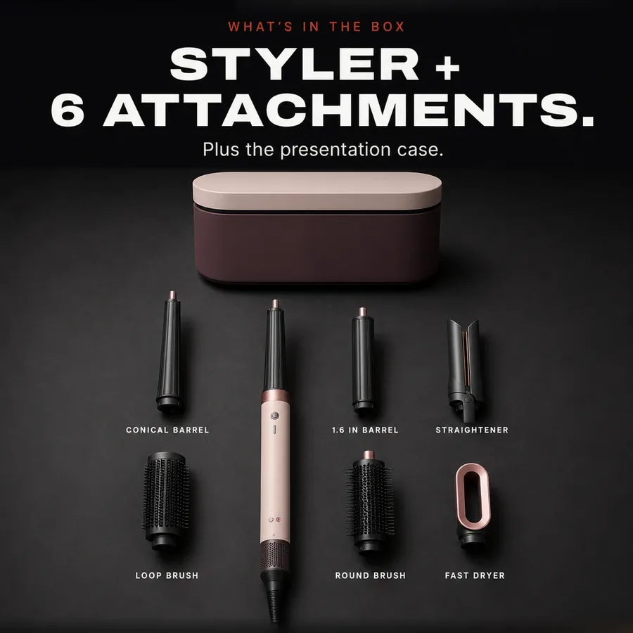 What's in the box: the styler, conical and 1.6 inch barrels, straightener, two brushes, fast dryer and case.