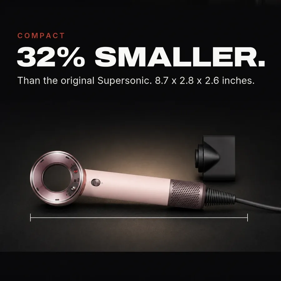Compact: 32% smaller than the original Supersonic, at 8.7 x 2.8 x 2.6 inches.