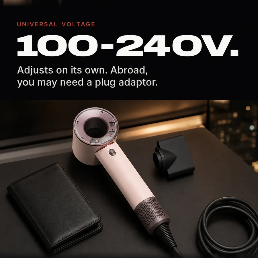 Universal voltage, 100-240V: it adjusts on its own. Abroad, you may need a plug adaptor.