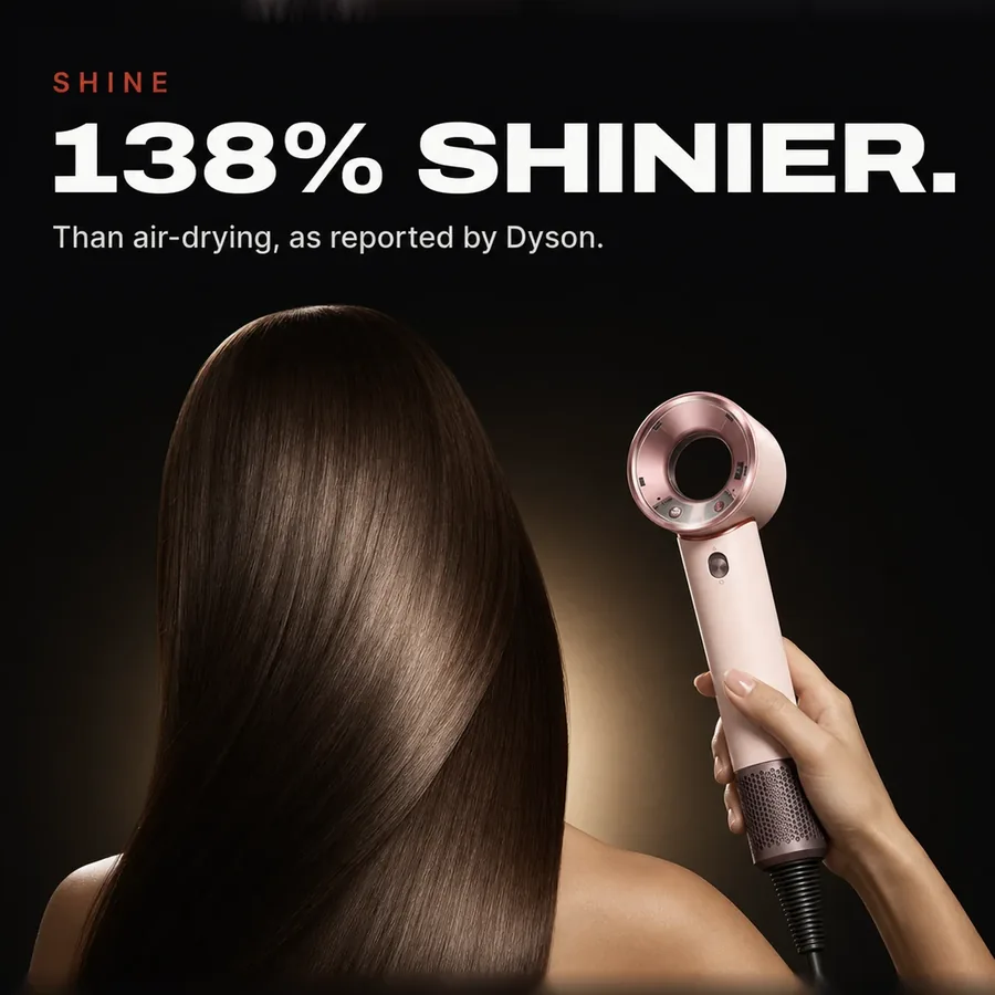 Shine: 138% shinier hair than air-drying, as reported by Dyson. Glossy hair seen from behind.