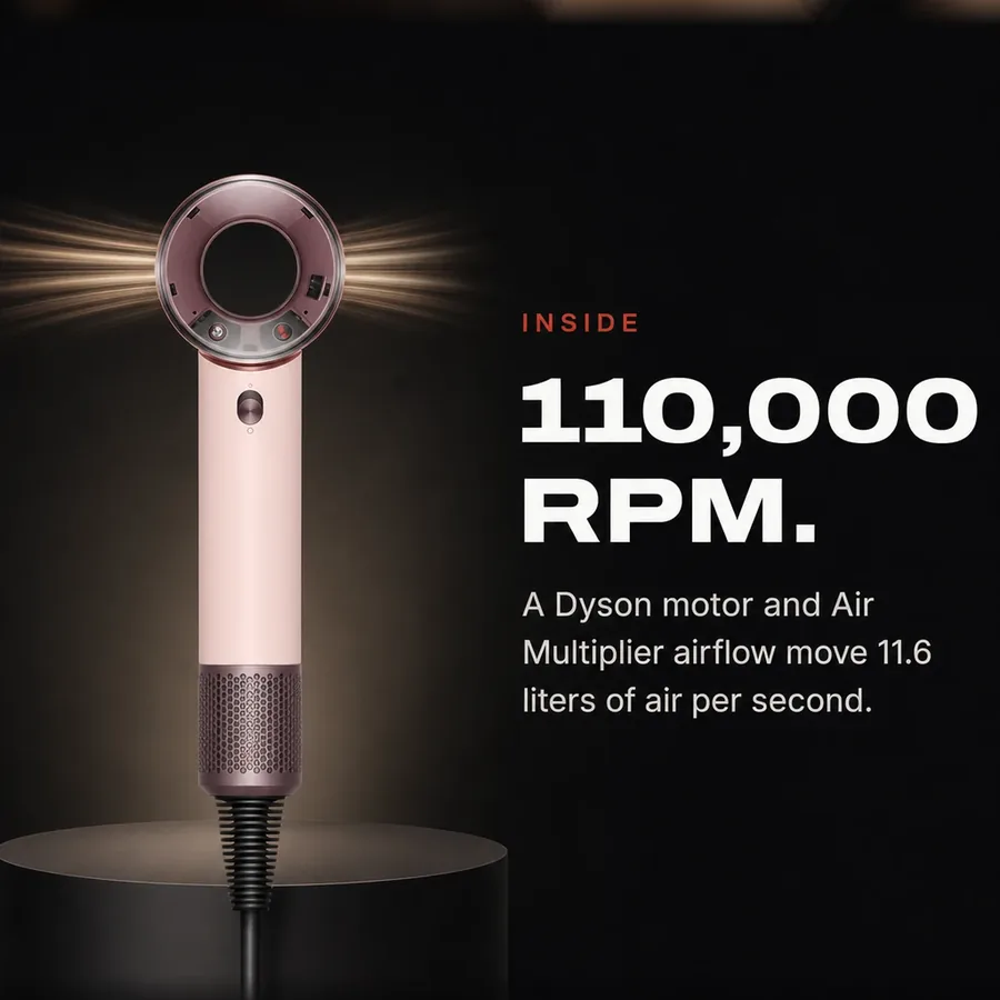 Inside: a 110,000 rpm Dyson motor and Air Multiplier airflow, moving 11.6 liters of air per second.