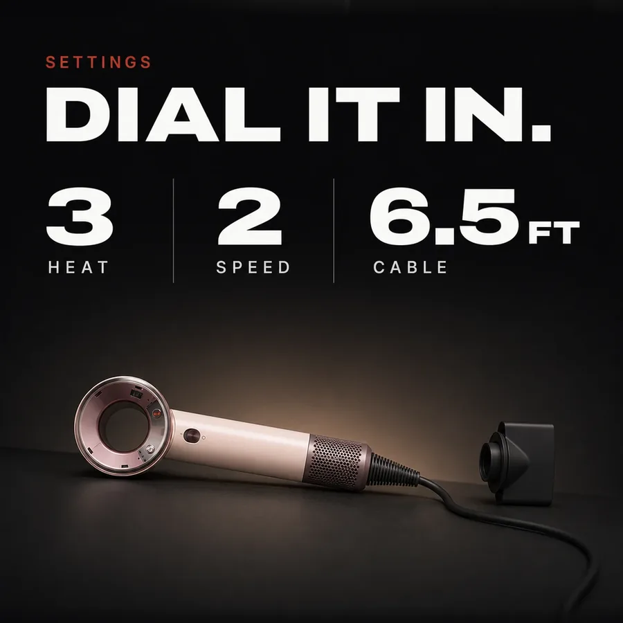 Settings: 3 heat settings, 2 speed settings and a 6.5 ft cable.