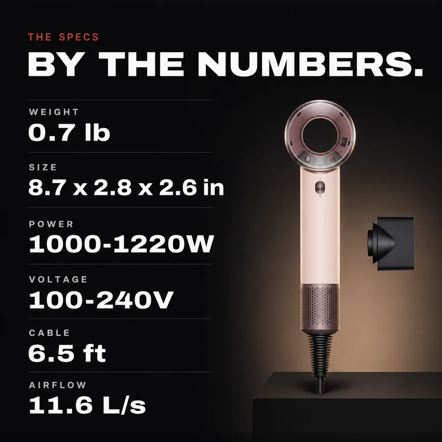 The specs: 0.7 lb, 8.7 x 2.8 x 2.6 in, 1000-1220W, 100-240V, 6.5 ft cable, 11.6 L/s airflow.
