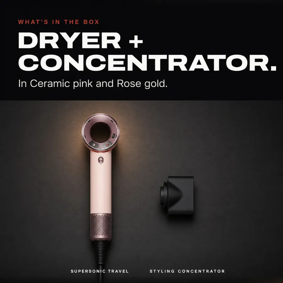 What's in the box: the Supersonic Travel dryer and the styling concentrator, in Ceramic pink and Rose gold.