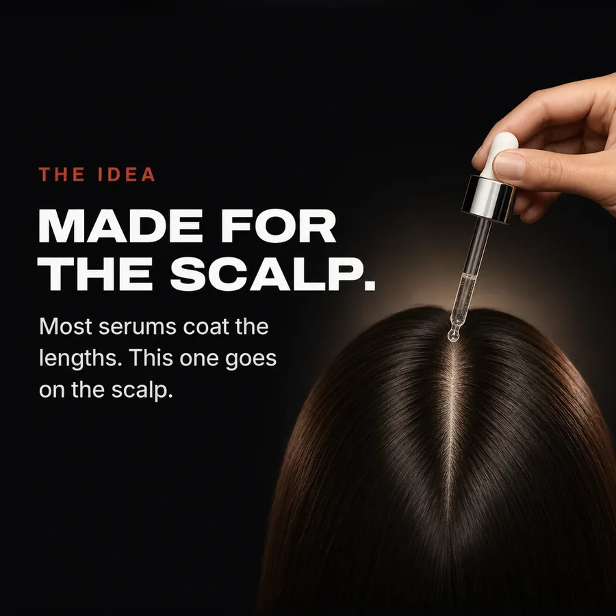 The idea: made for the scalp. Most serums coat the lengths; this one goes on the scalp.