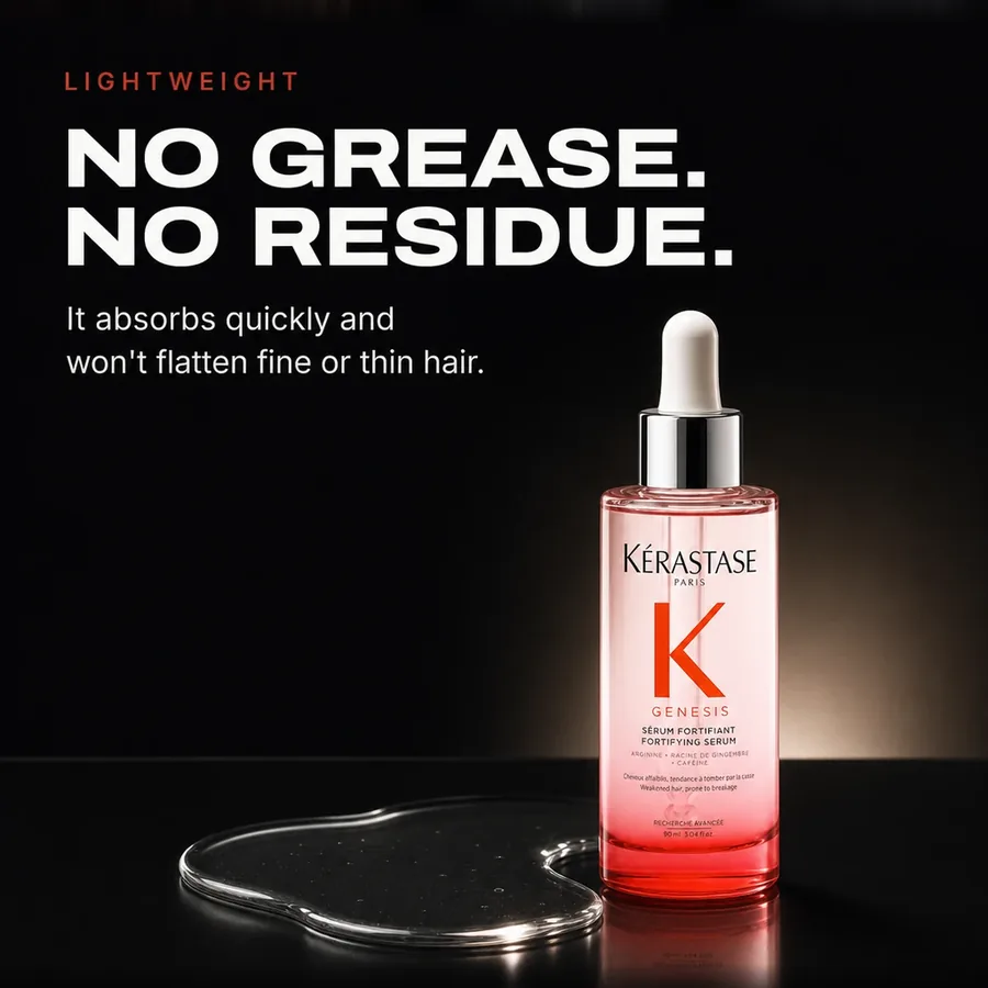 Lightweight: no grease and no residue. It absorbs quickly and won't flatten fine or thin hair.
