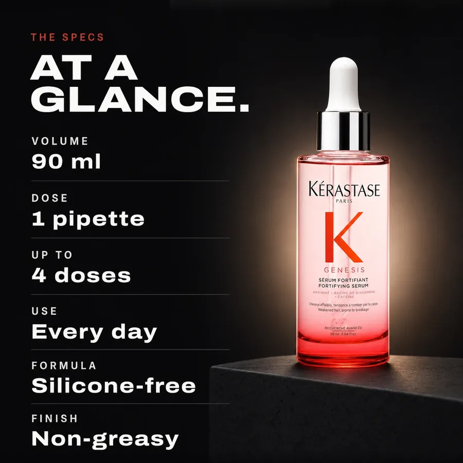 The specs: 90 ml, one pipette per dose, up to 4 doses, every day, silicone-free, non-greasy finish.