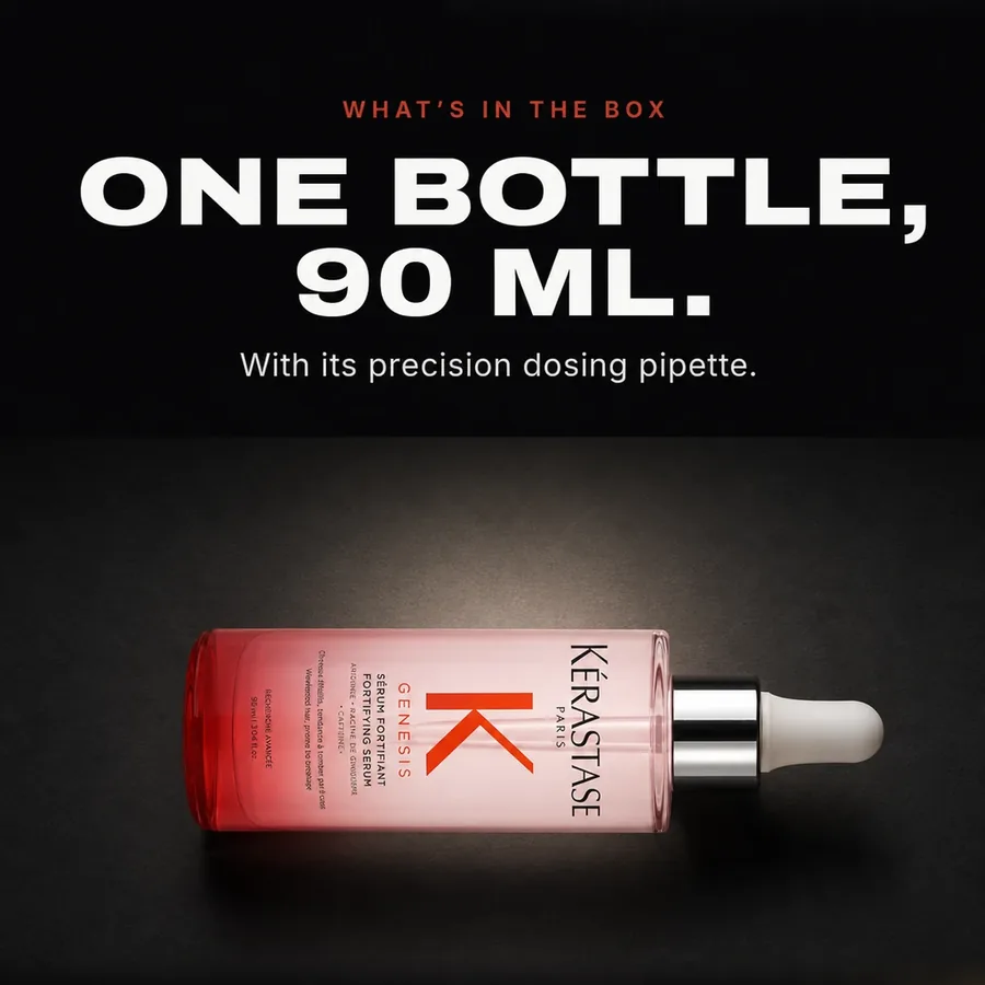What's in the box: one 90 ml bottle of Genesis Serum Fortifiant, with its precision dosing pipette.
