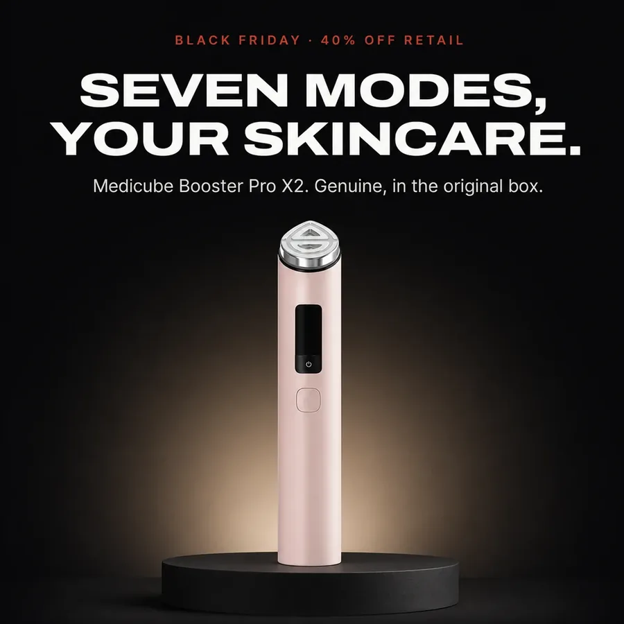 Black Friday, 40% off retail. Seven modes that work with your skincare: Medicube Booster Pro X2, genuine and sealed.