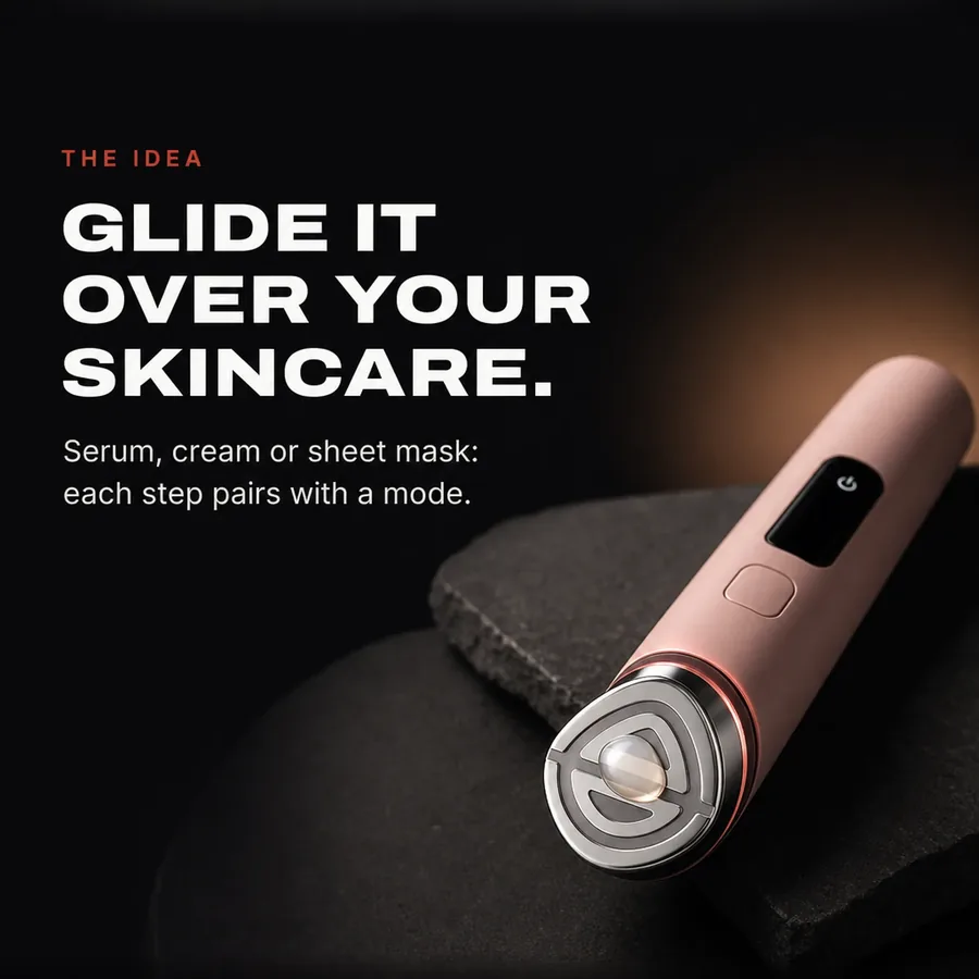 The idea: glide it over your skincare. Serum, cream or sheet mask, each step pairs with a mode.
