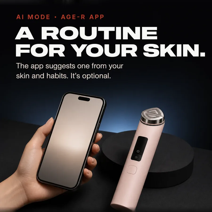 AI mode in the AGE-R app: it suggests a routine based on your skin and habits. The app is optional.