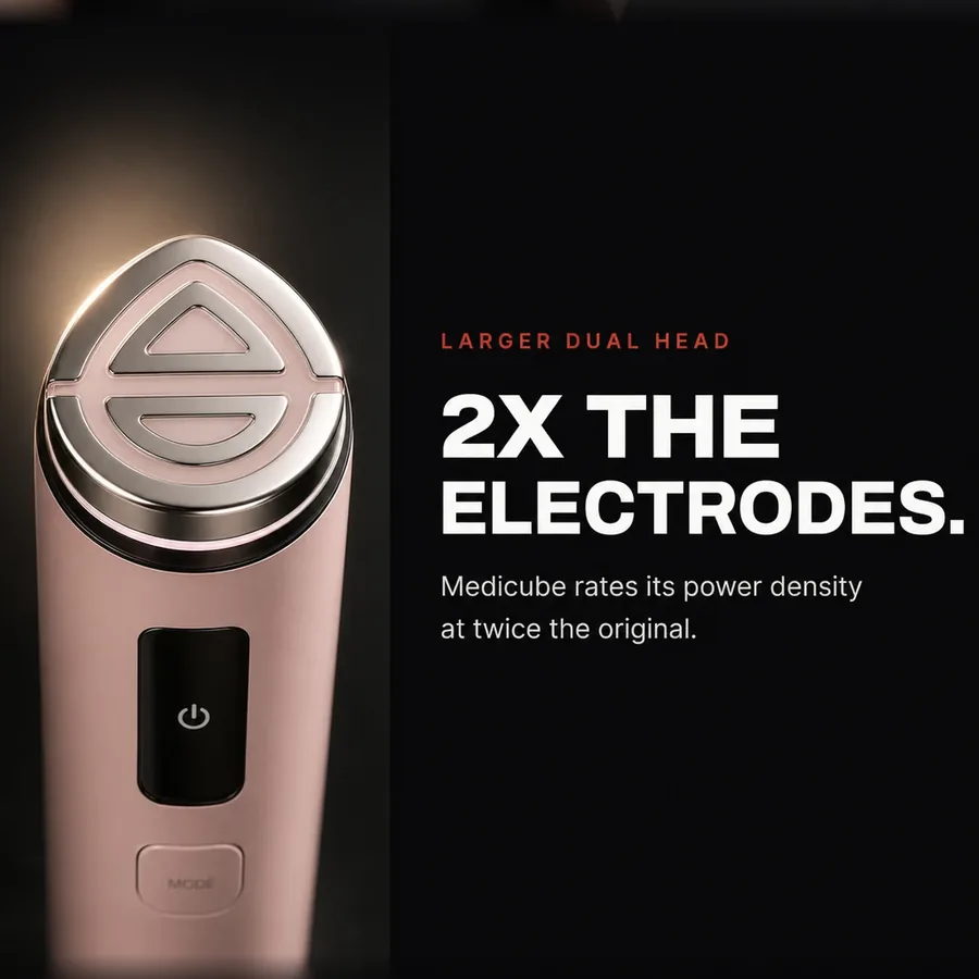 Larger dual head: twice the electrodes, and Medicube rates its power density at twice that of the original Booster Pro.