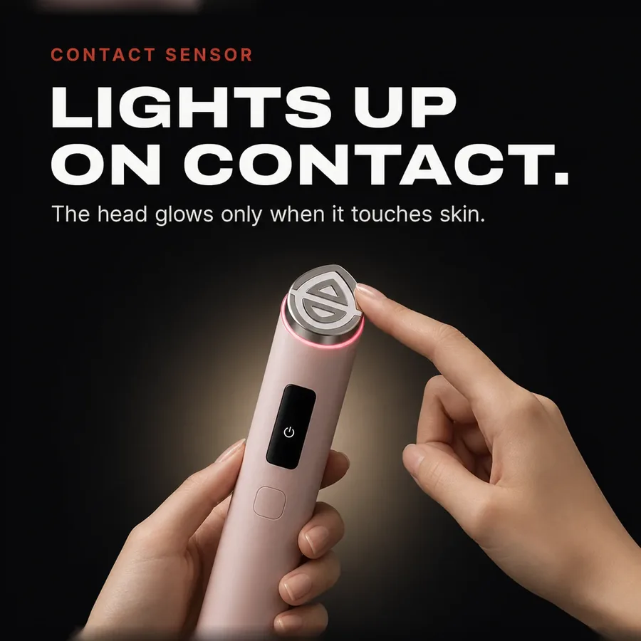Contact sensor: the head lights up only when it touches skin.