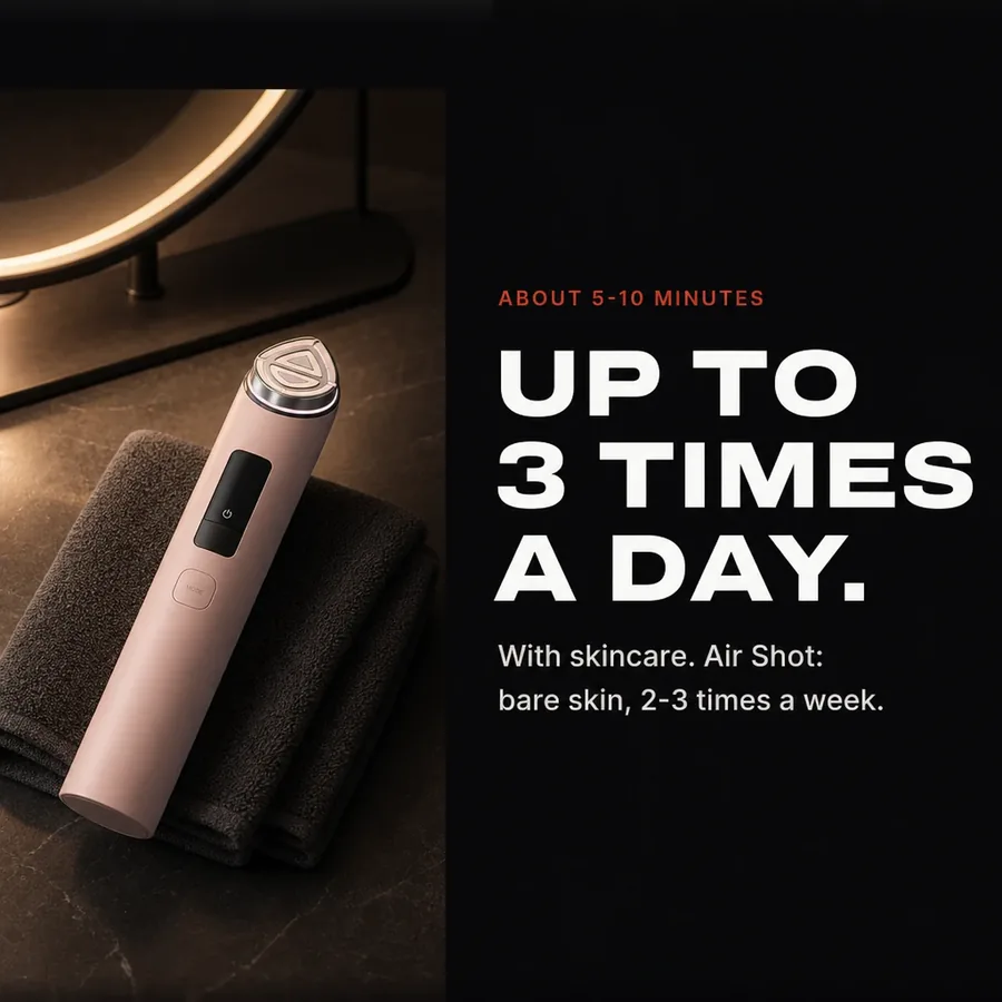 About 5 to 10 minutes a session: up to three times a day with skincare, and Air Shot on bare skin two to three times a week.
