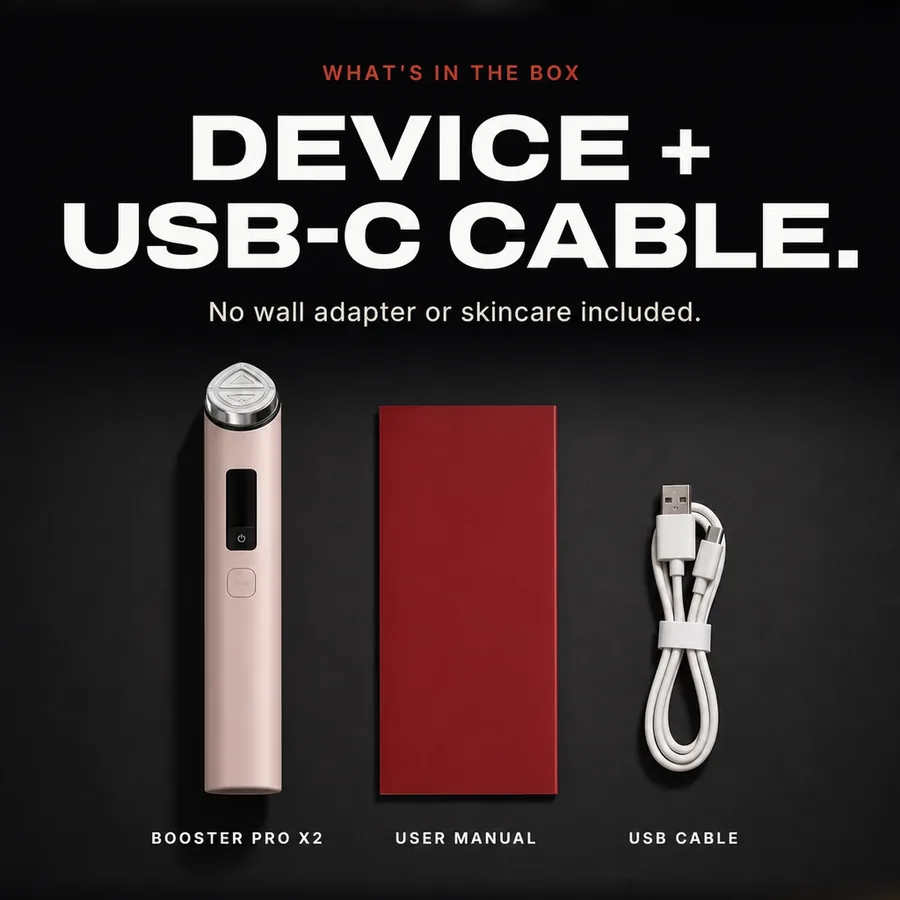 What's in the box: the Booster Pro X2, a user manual and a USB charging cable. No wall adapter or skincare included.