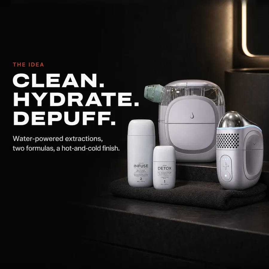 The idea: clean, hydrate, depuff. Water-powered extractions, two formulas and a hot-and-cold finish.