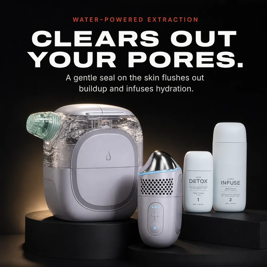 Water-powered extraction: a gentle seal on the skin clears out pores, flushing out buildup and infusing hydration.