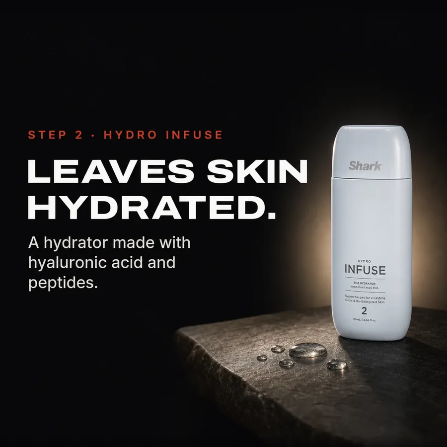 Step 2, Hydro Infuse: a hydrator made with hyaluronic acid and peptides, to leave skin hydrated.