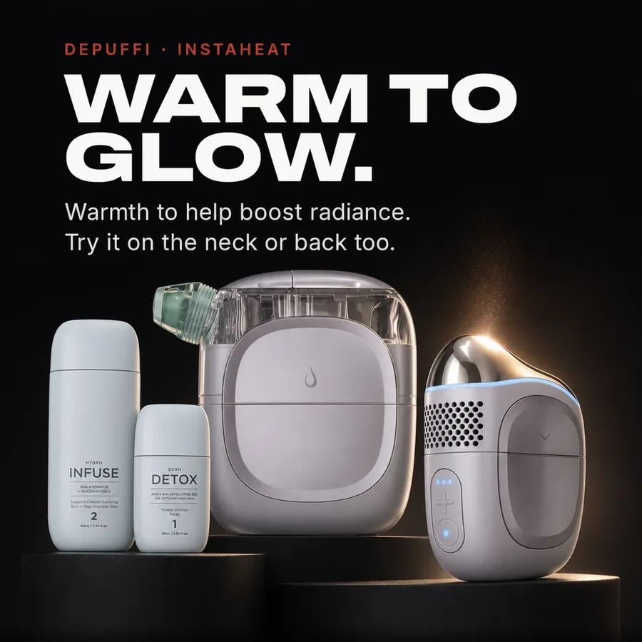 DePuffi InstaHeat: warmth to help boost radiance, on the face, the neck or the back.