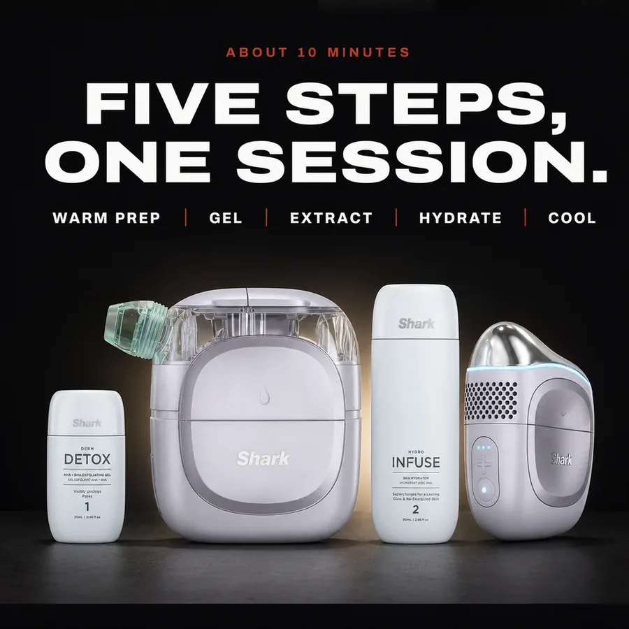 About 10 minutes: five steps in one session, a warm prep, the gel, the extraction, the hydrator and a cooling finish.