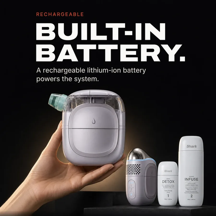 Rechargeable: a built-in lithium-ion battery powers the system.