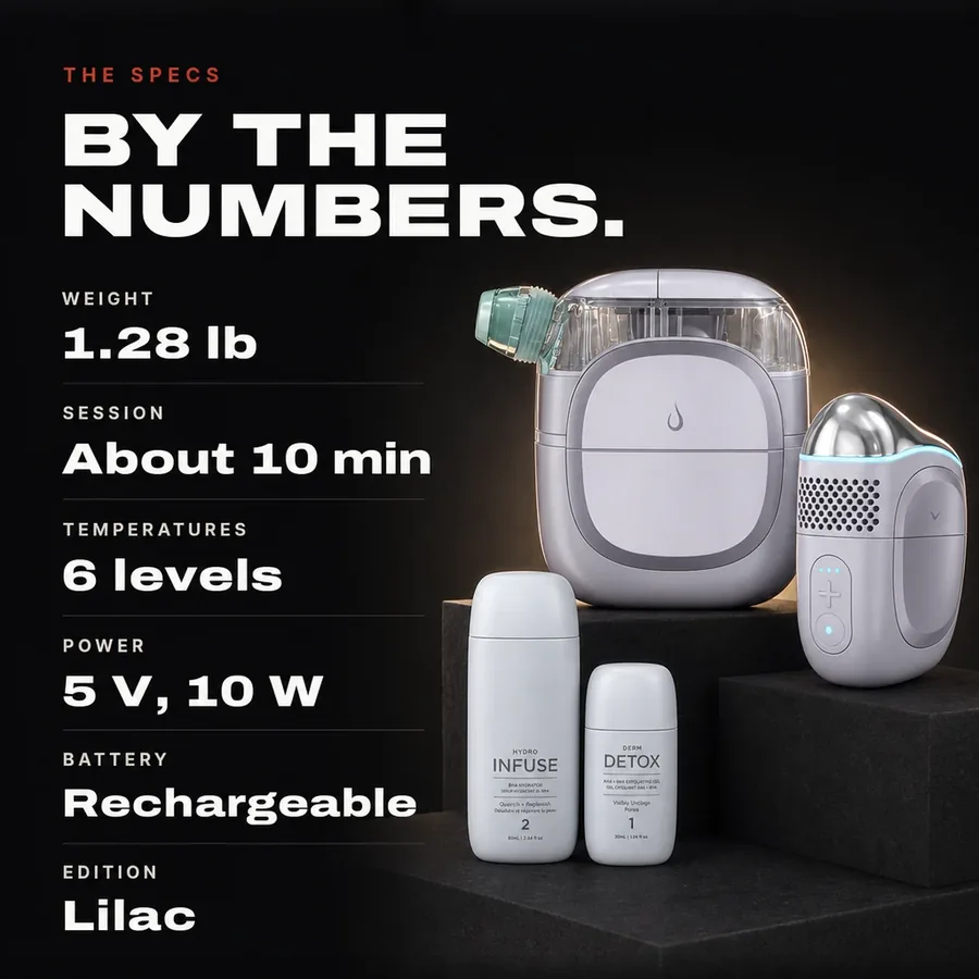 The specs: 1.28 lb, about 10 minutes a session, 6 temperature levels, 5 V and 10 W, rechargeable battery, lilac edition.