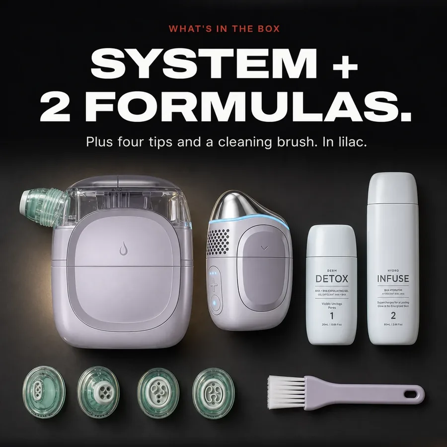 What's in the box: the power hub, both attachments, Derm Detox and Hydro Infuse, four tips and a cleaning brush.