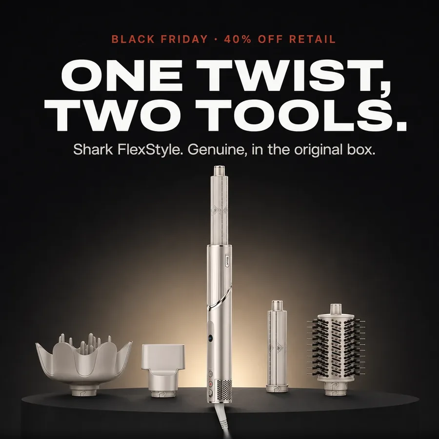 Black Friday, 40% off retail. One twist, two tools: Shark FlexStyle, genuine, in the original box.
