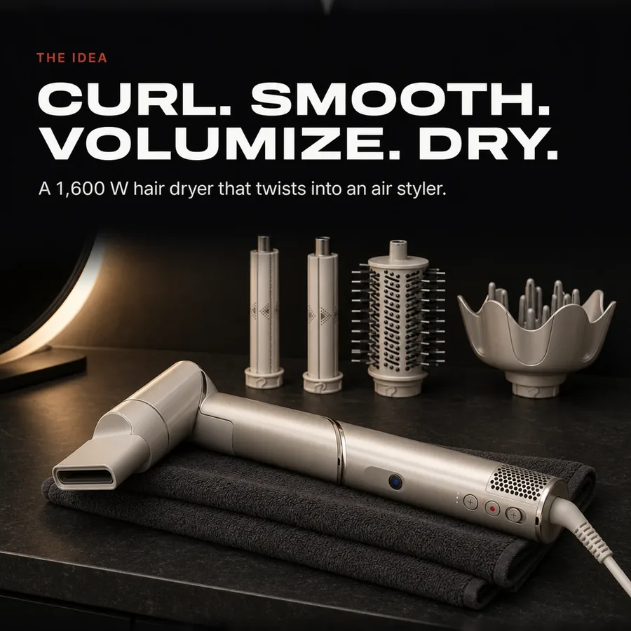 The idea: curl, smooth, volumize and dry, with a 1,600 W hair dryer that twists into an air styler.