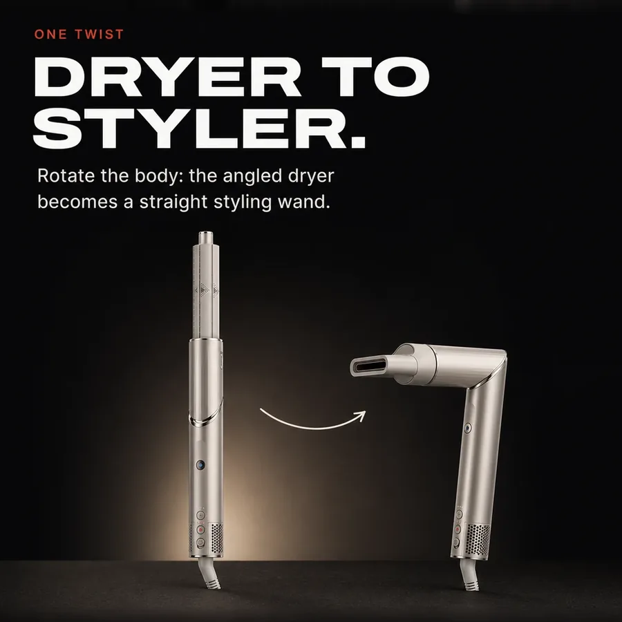 One twist: rotate the body and the angled hair dryer becomes a straight styling wand.