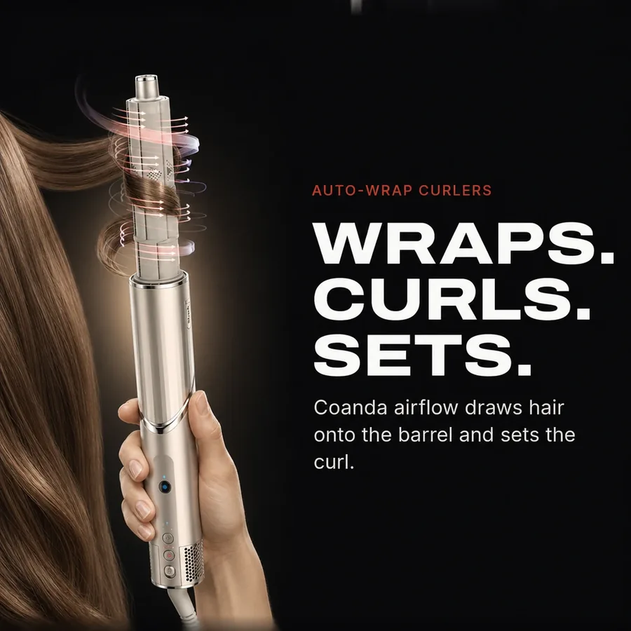 Auto-wrap curlers: Coanda airflow draws the hair onto the barrel, wraps it and sets the curl.