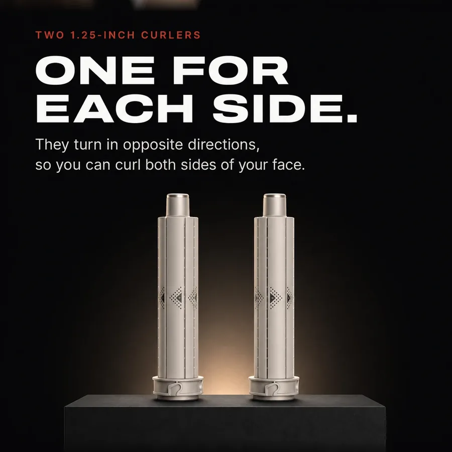 Two 1.25-inch curlers, one for each side: they turn in opposite directions, so you can curl both sides of your face.
