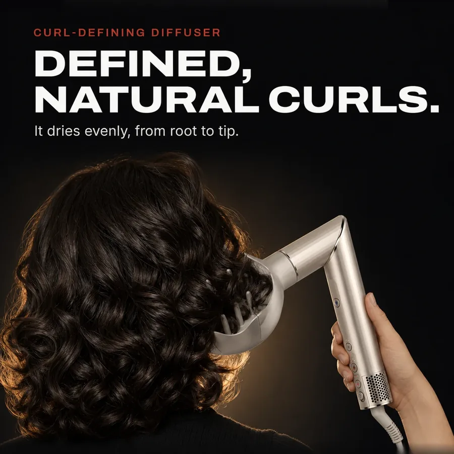 Curl-defining diffuser: defined natural curls, dried evenly from root to tip.