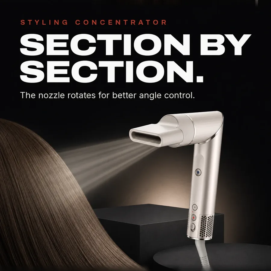 Styling concentrator: dry section by section, with a nozzle that rotates for better angle control.